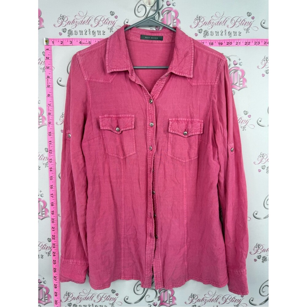 Suzy Shier long sleeve pockets silver  Pink Button-Front Shirt